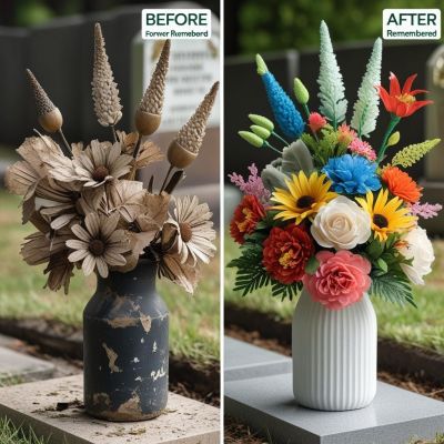 Red carnations placed on a headstone in a peaceful green cemetery during the day.